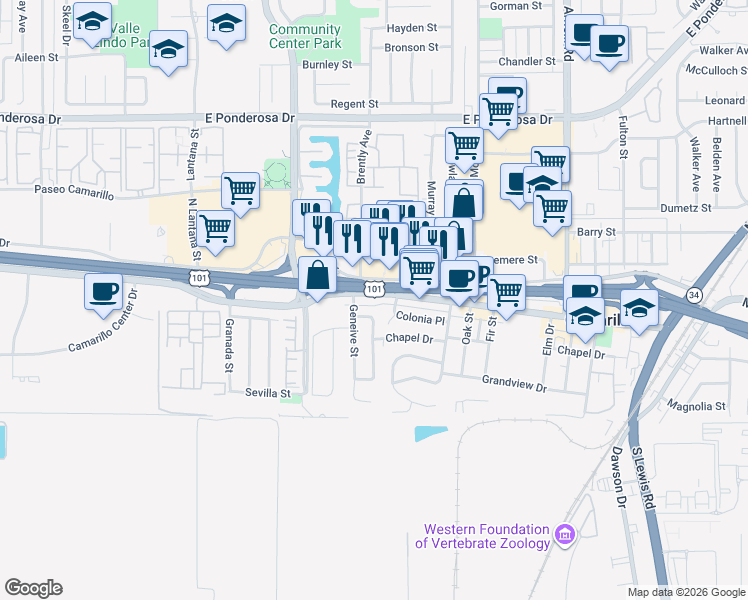 map of restaurants, bars, coffee shops, grocery stores, and more near 1750 Ventura Boulevard in Camarillo