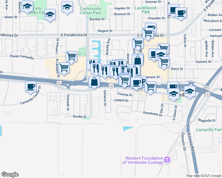 map of restaurants, bars, coffee shops, grocery stores, and more near 1750 Ventura Boulevard in Camarillo