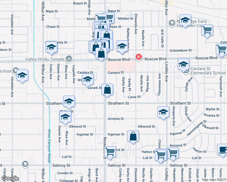 map of restaurants, bars, coffee shops, grocery stores, and more near 8051 Canby Avenue in Los Angeles