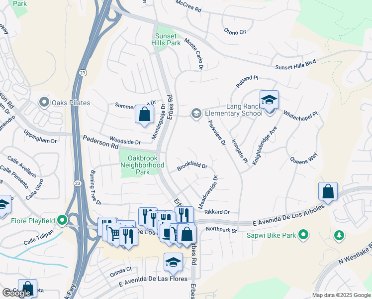 map of restaurants, bars, coffee shops, grocery stores, and more near 2819 Jason Court in Thousand Oaks
