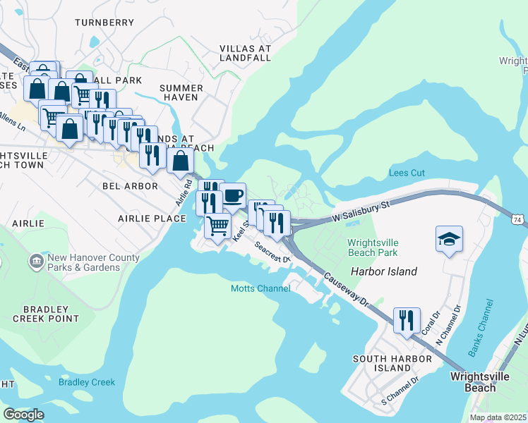 map of restaurants, bars, coffee shops, grocery stores, and more near 246-270 Causeway Drive in Wrightsville Beach