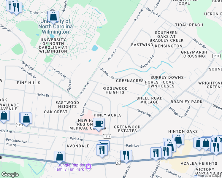 map of restaurants, bars, coffee shops, grocery stores, and more near 234 Huntington Road in Wilmington