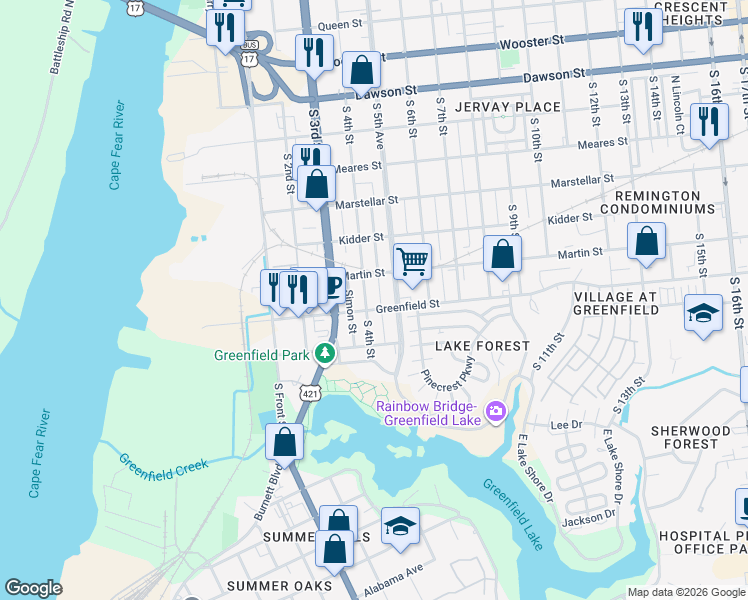 map of restaurants, bars, coffee shops, grocery stores, and more near 1502 East Lake Shore Drive in Wilmington
