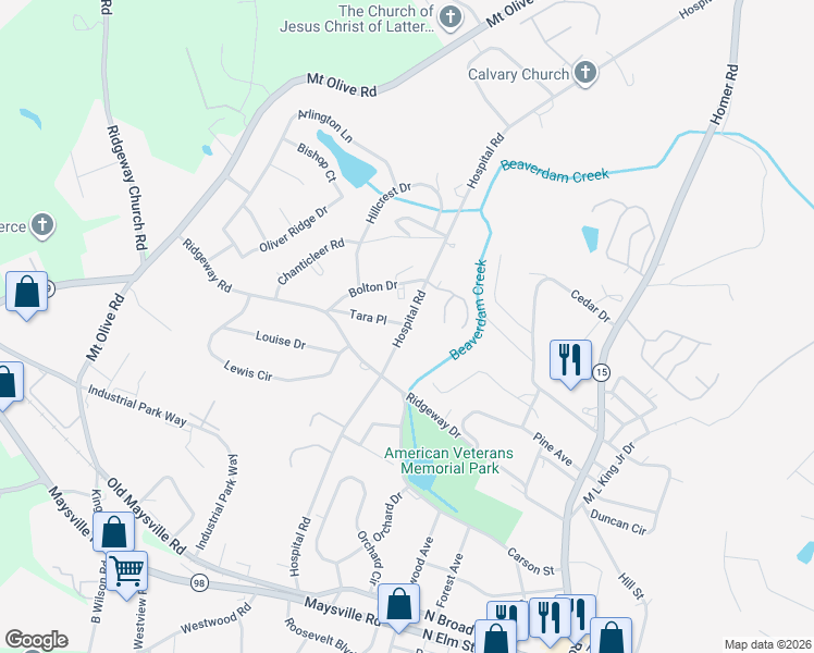 map of restaurants, bars, coffee shops, grocery stores, and more near 613 Hospital Road in Commerce