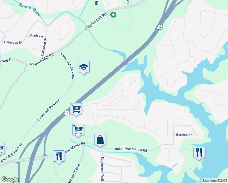 map of restaurants, bars, coffee shops, grocery stores, and more near 1347 Elderwood Way in Cumming