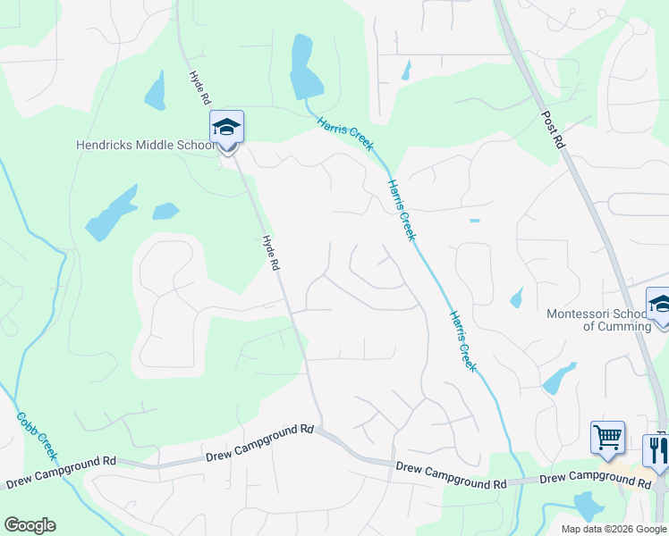 map of restaurants, bars, coffee shops, grocery stores, and more near 4530 Vanadium Bend in Cumming