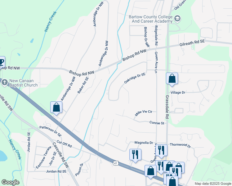 map of restaurants, bars, coffee shops, grocery stores, and more near 230 Oakridge Drive Southeast in Cartersville