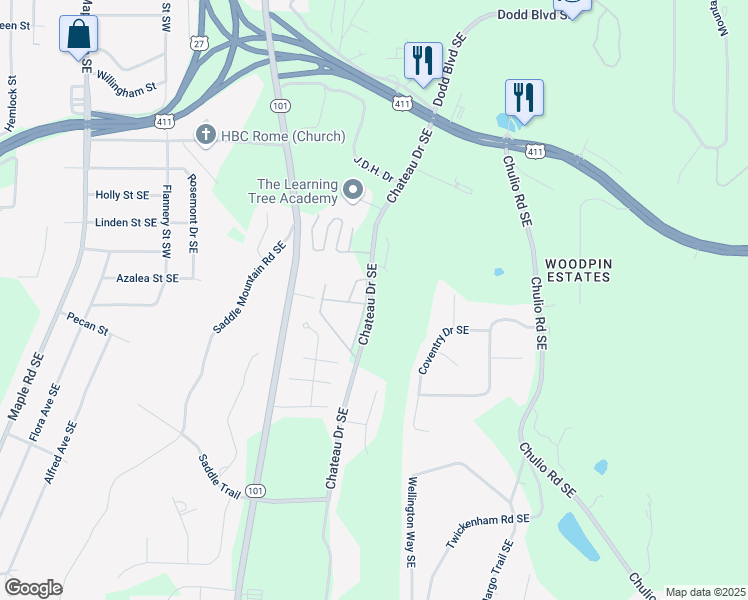 map of restaurants, bars, coffee shops, grocery stores, and more near 89 Chateau Drive Southeast in Rome