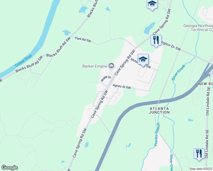 map of restaurants, bars, coffee shops, grocery stores, and more near 1404 Cave Spring Road Southwest in Rome