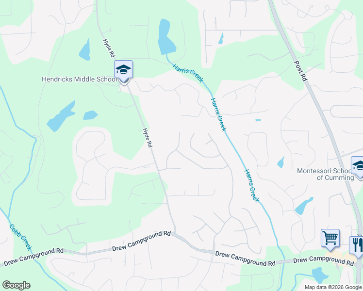 map of restaurants, bars, coffee shops, grocery stores, and more near 4530 Vanadium Bend in Cumming