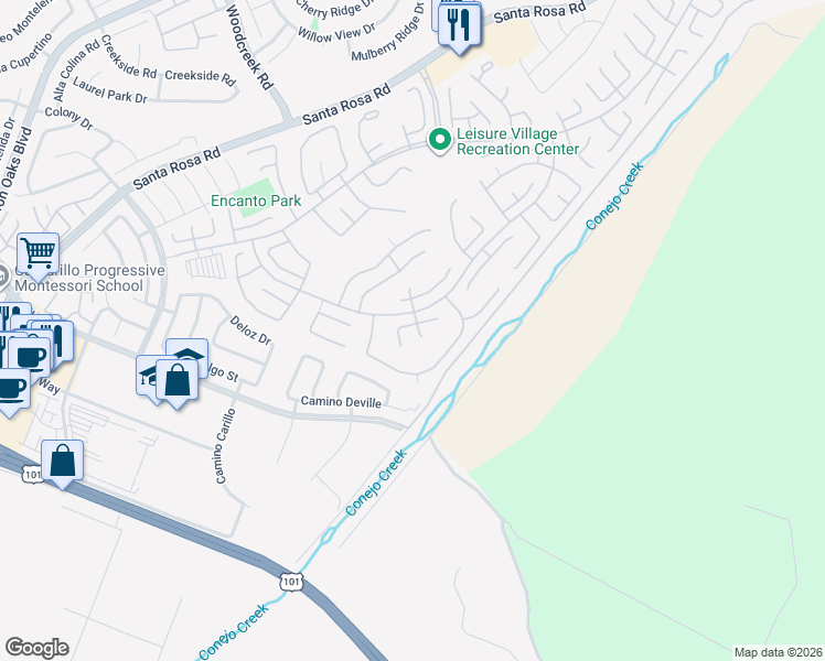 map of restaurants, bars, coffee shops, grocery stores, and more near 22113 Village 22 in Camarillo