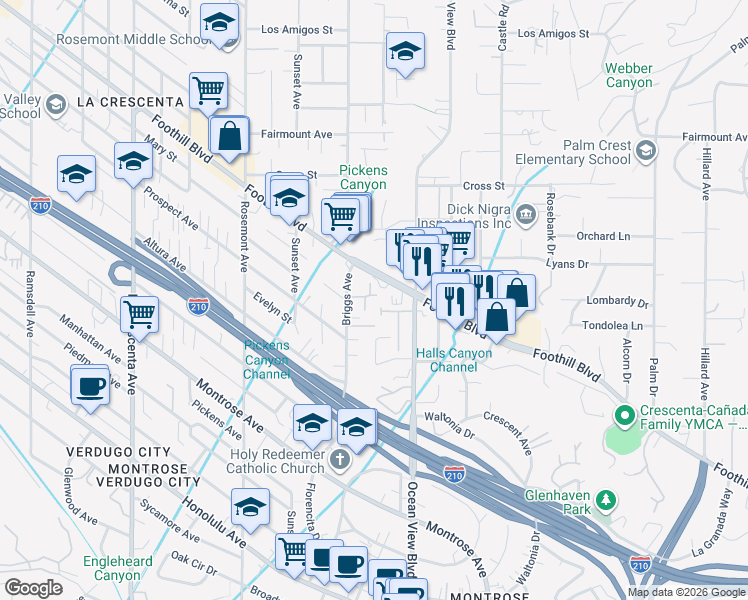 map of restaurants, bars, coffee shops, grocery stores, and more near 2300 Caldero Lane in La Crescenta-Montrose