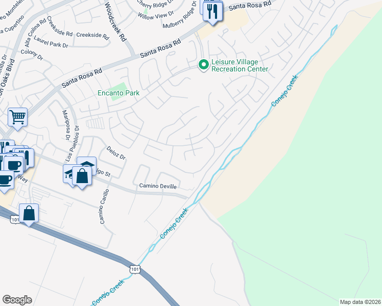 map of restaurants, bars, coffee shops, grocery stores, and more near 22106 Village 22 in Camarillo