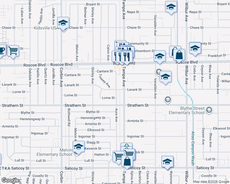map of restaurants, bars, coffee shops, grocery stores, and more near 19330 Lanark Street in Los Angeles