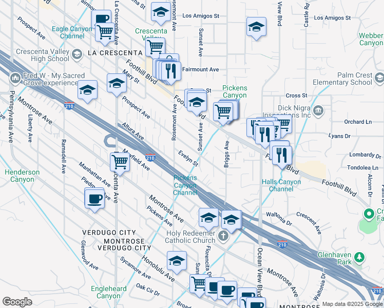 map of restaurants, bars, coffee shops, grocery stores, and more near 2512 Prospect Avenue in La Crescenta-Montrose
