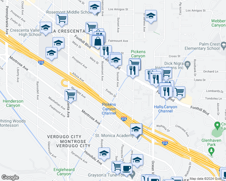 map of restaurants, bars, coffee shops, grocery stores, and more near 2512 Prospect Avenue in La Crescenta-Montrose