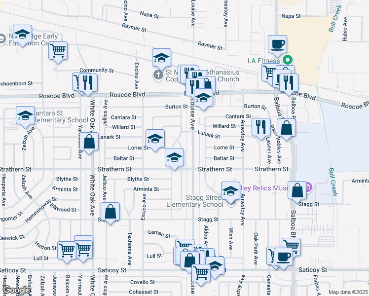map of restaurants, bars, coffee shops, grocery stores, and more near 8050 Lasaine Avenue in Los Angeles