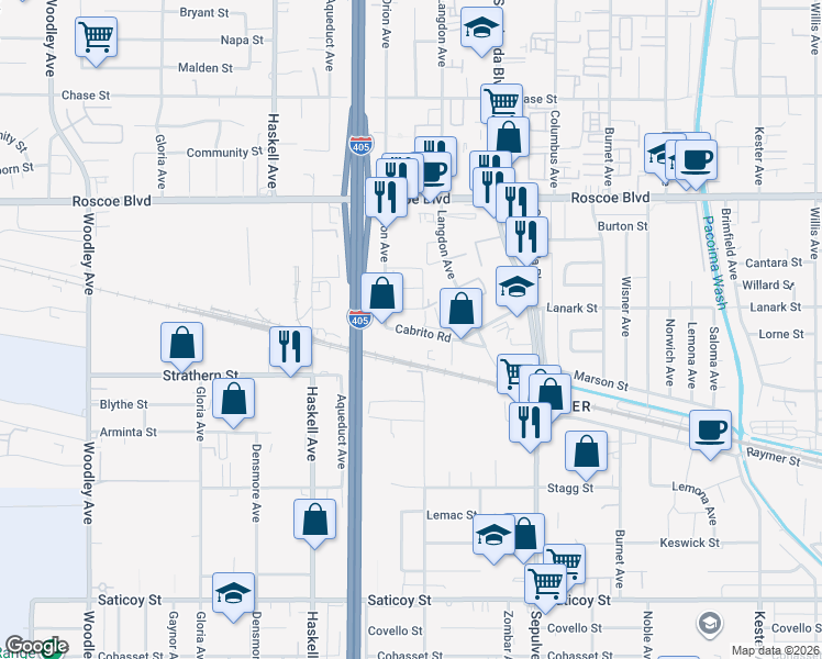 map of restaurants, bars, coffee shops, grocery stores, and more near 15544 Cabrito Road in Los Angeles