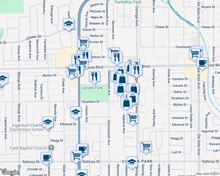 map of restaurants, bars, coffee shops, grocery stores, and more near 8030 Owensmouth Avenue in Los Angeles