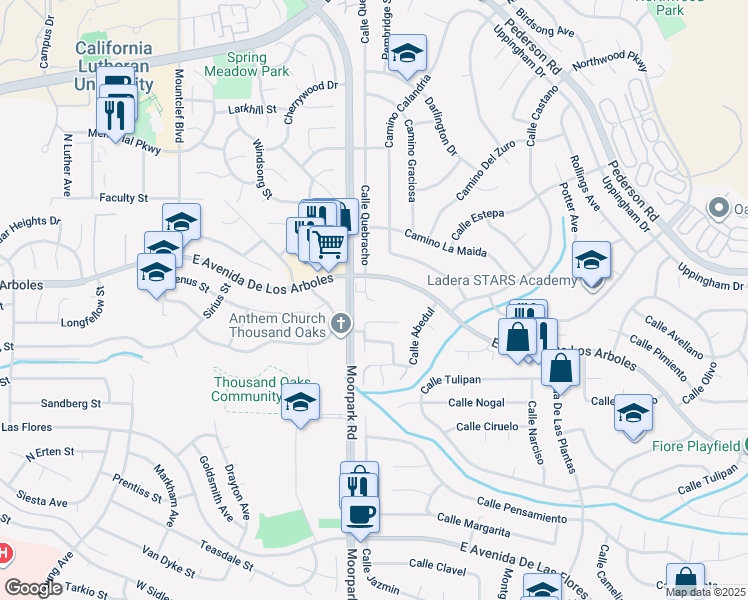 map of restaurants, bars, coffee shops, grocery stores, and more near 2741 Calle Bienvenido in Thousand Oaks