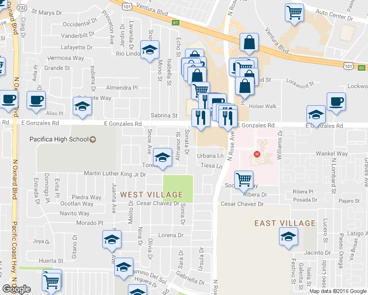 map of restaurants, bars, coffee shops, grocery stores, and more near 1651 Sonata Drive in Oxnard