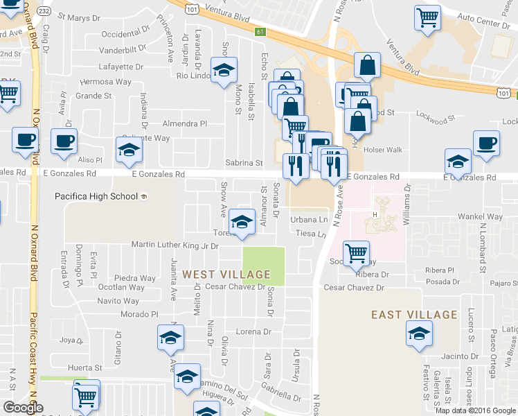 map of restaurants, bars, coffee shops, grocery stores, and more near 1524 Almanor Street in Oxnard