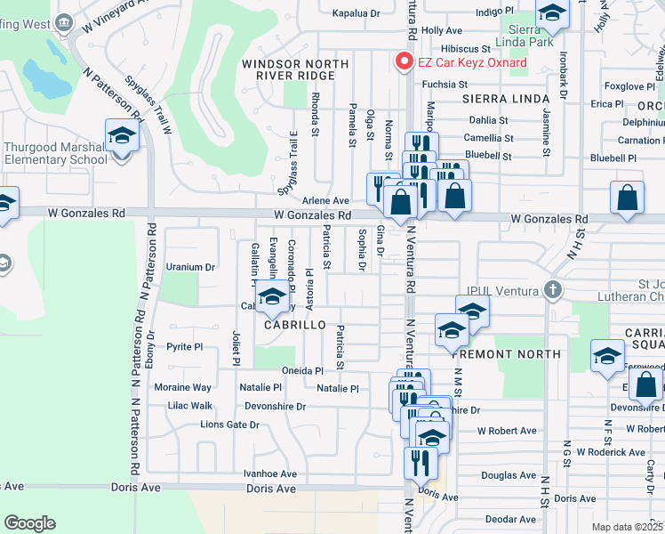 map of restaurants, bars, coffee shops, grocery stores, and more near 1540 Astoria Place in Oxnard