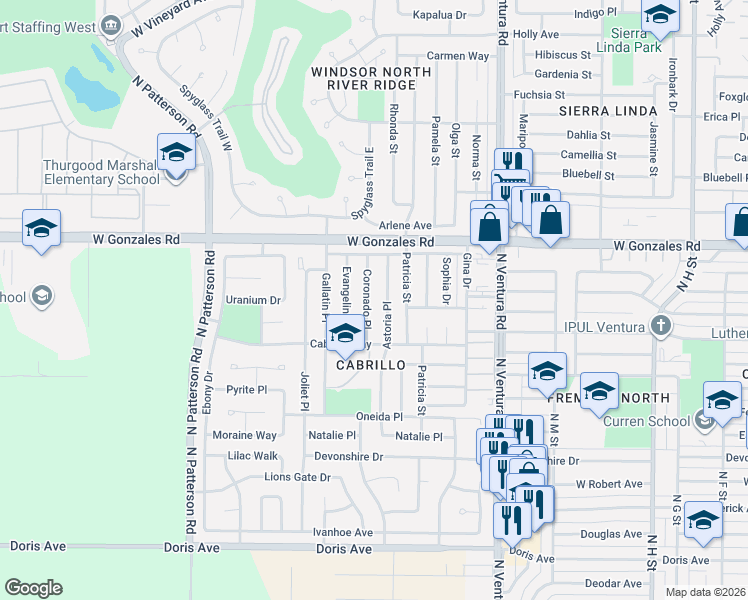 map of restaurants, bars, coffee shops, grocery stores, and more near 1541 Coronado Place in Oxnard
