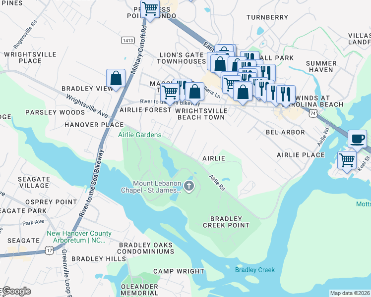 map of restaurants, bars, coffee shops, grocery stores, and more near 603 Airlie Road in Wilmington