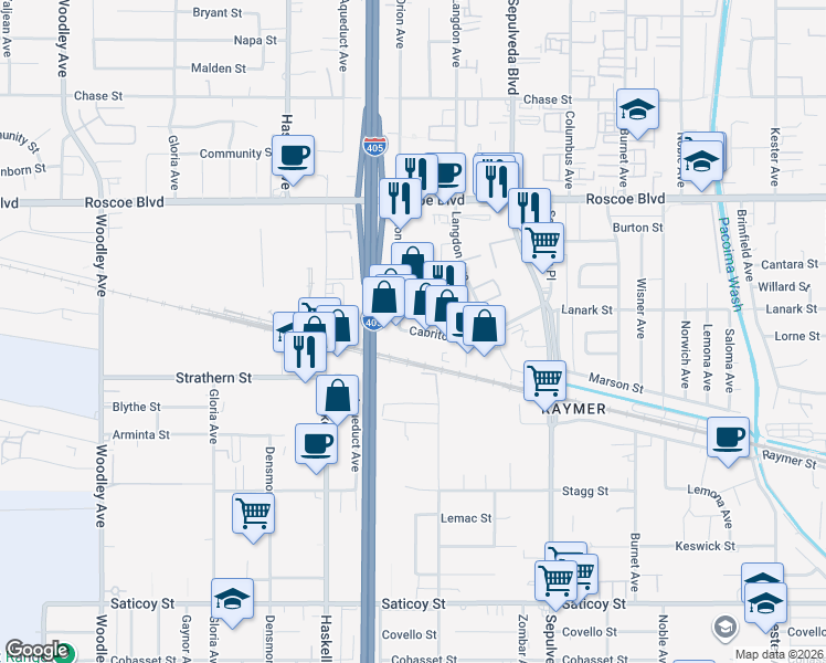 map of restaurants, bars, coffee shops, grocery stores, and more near 15544 Cabrito Road in Los Angeles