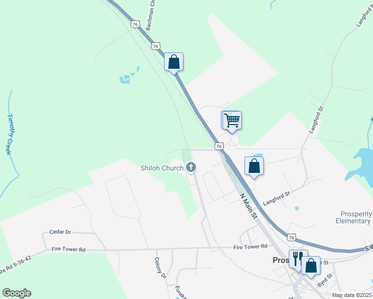 map of restaurants, bars, coffee shops, grocery stores, and more near 431 Shiloh Street in Prosperity