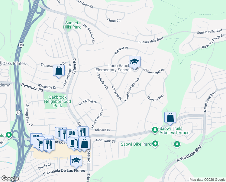 map of restaurants, bars, coffee shops, grocery stores, and more near 2746 Parkview Drive in Thousand Oaks
