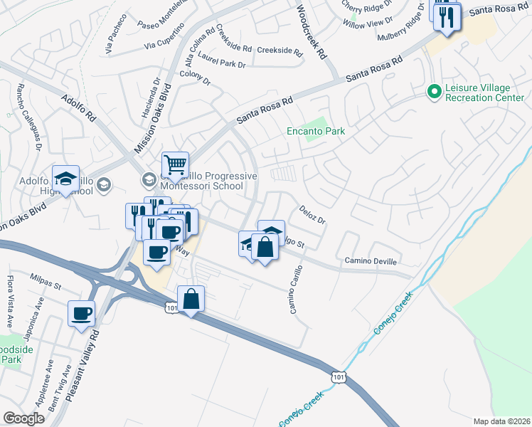 map of restaurants, bars, coffee shops, grocery stores, and more near 82 Baroda Drive in Camarillo