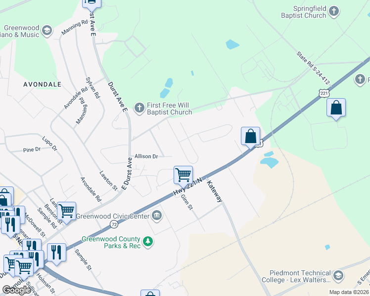 map of restaurants, bars, coffee shops, grocery stores, and more near 118 Allison Drive in Greenwood