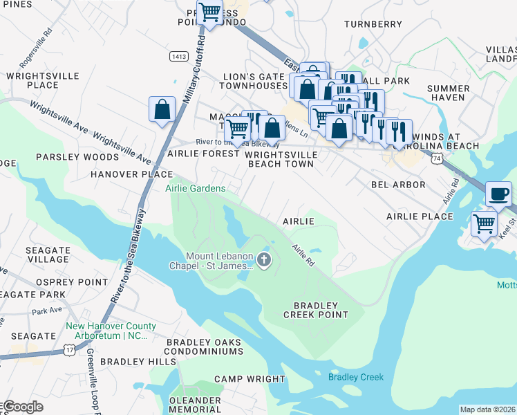 map of restaurants, bars, coffee shops, grocery stores, and more near 603 Airlie Road in Wilmington