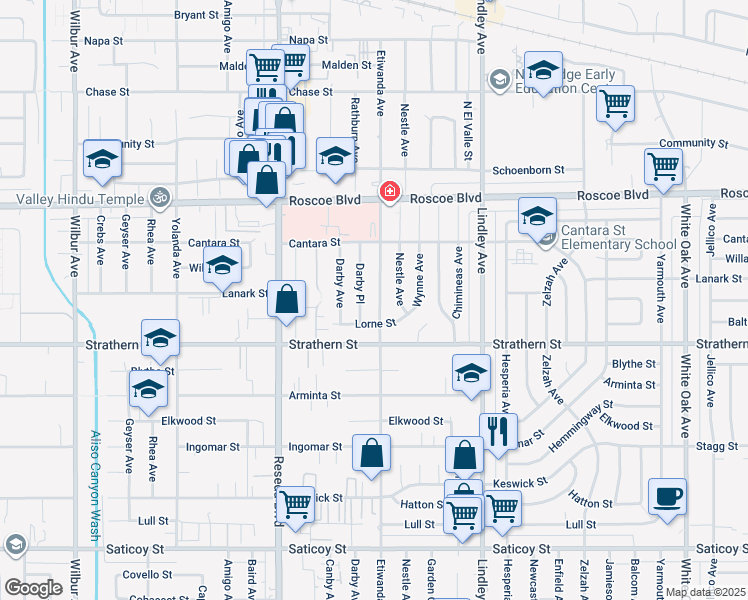 map of restaurants, bars, coffee shops, grocery stores, and more near 8051 Etiwanda Avenue in Los Angeles