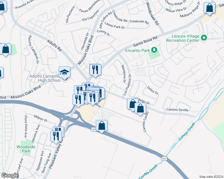 map of restaurants, bars, coffee shops, grocery stores, and more near 134 Camino Ruiz in Camarillo