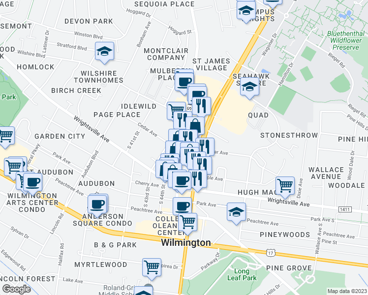 map of restaurants, bars, coffee shops, grocery stores, and more near Cedar Avenue in Wilmington