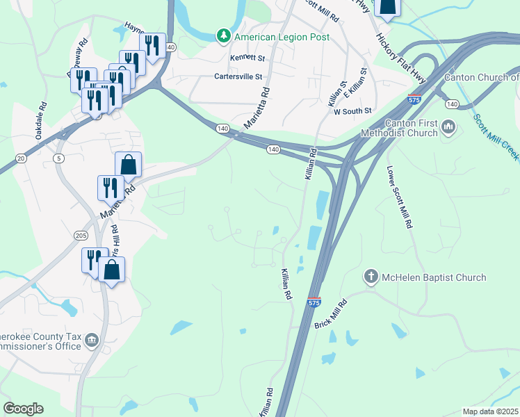 map of restaurants, bars, coffee shops, grocery stores, and more near 830 Killian Road in Canton