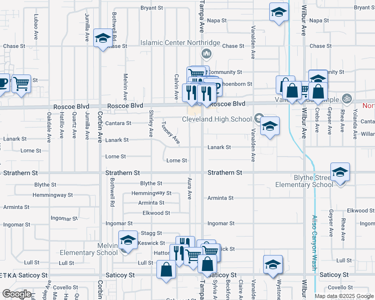 map of restaurants, bars, coffee shops, grocery stores, and more near 19330 Lanark Street in Los Angeles