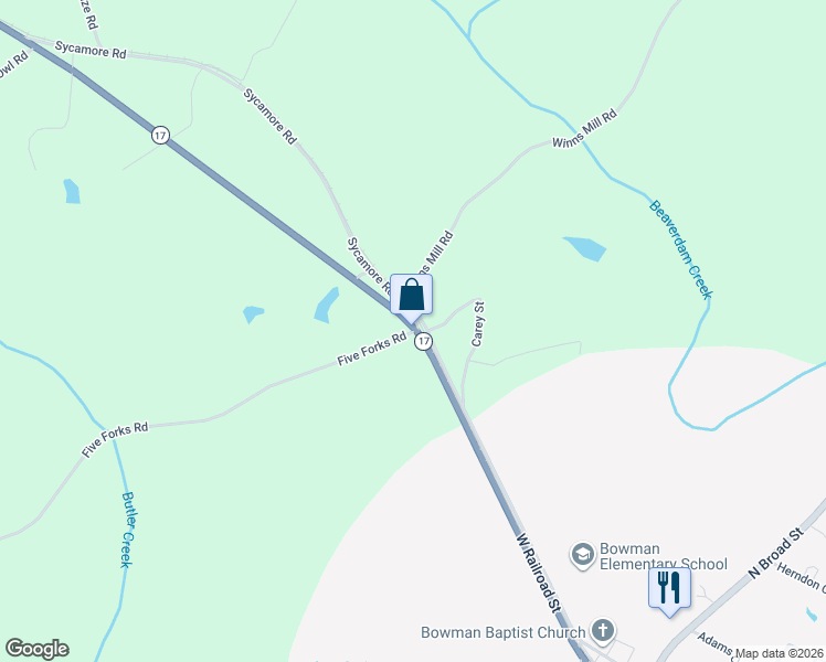 map of restaurants, bars, coffee shops, grocery stores, and more near 3000 Five Forks Road in Bowman