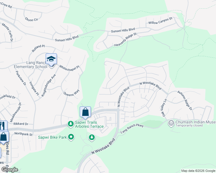 map of restaurants, bars, coffee shops, grocery stores, and more near 2806 Arbella Lane in Thousand Oaks
