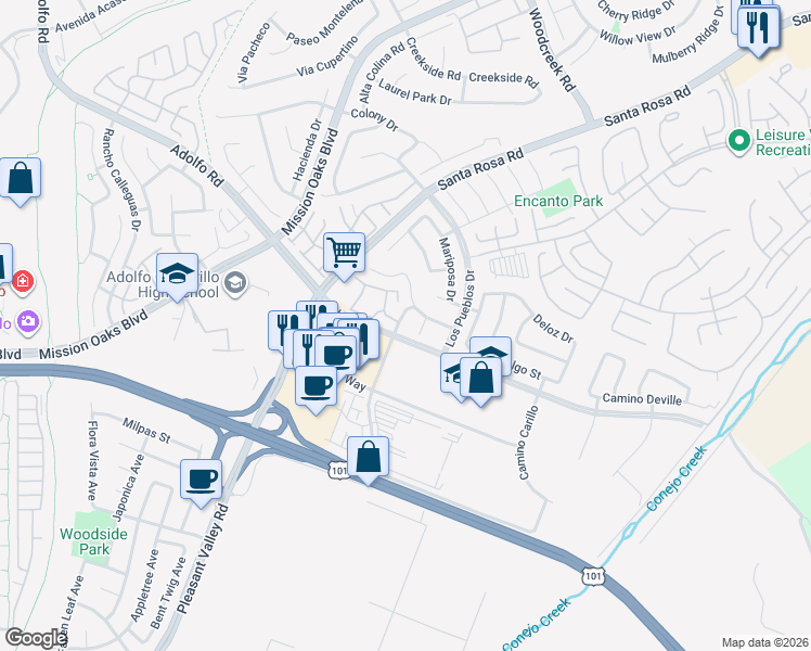 map of restaurants, bars, coffee shops, grocery stores, and more near 134 Camino Ruiz in Camarillo
