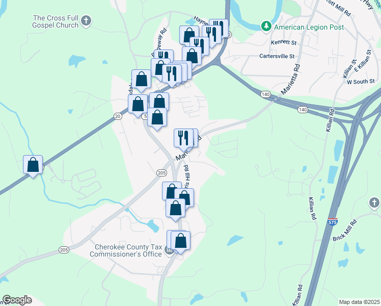 map of restaurants, bars, coffee shops, grocery stores, and more near 1028 Marietta Road in Canton