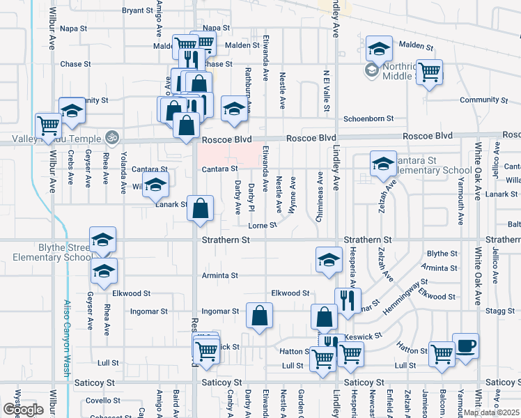 map of restaurants, bars, coffee shops, grocery stores, and more near 8051 Etiwanda Avenue in Los Angeles