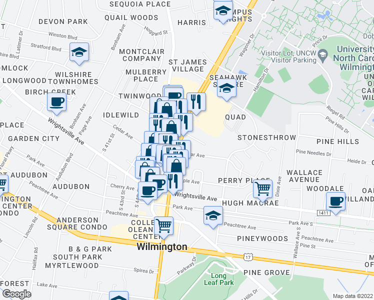 map of restaurants, bars, coffee shops, grocery stores, and more near 4617 Cedar Avenue in Wilmington