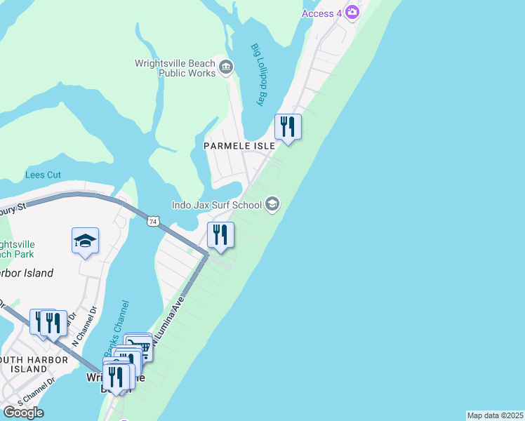 map of restaurants, bars, coffee shops, grocery stores, and more near 12 Crane Street in Wrightsville Beach