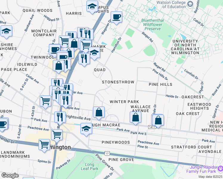 map of restaurants, bars, coffee shops, grocery stores, and more near 4906 Marlin Court in Wilmington