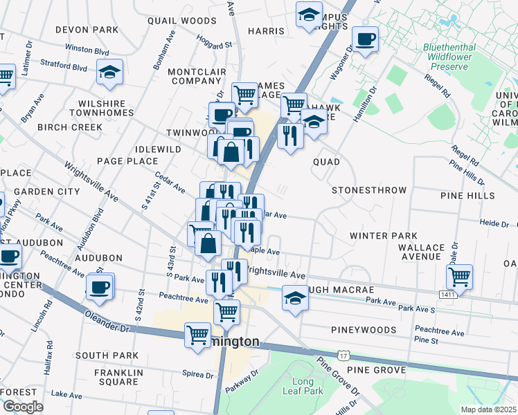 map of restaurants, bars, coffee shops, grocery stores, and more near 4617 Cedar Avenue in Wilmington