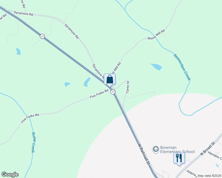 map of restaurants, bars, coffee shops, grocery stores, and more near 417 West Railroad Street in Bowman